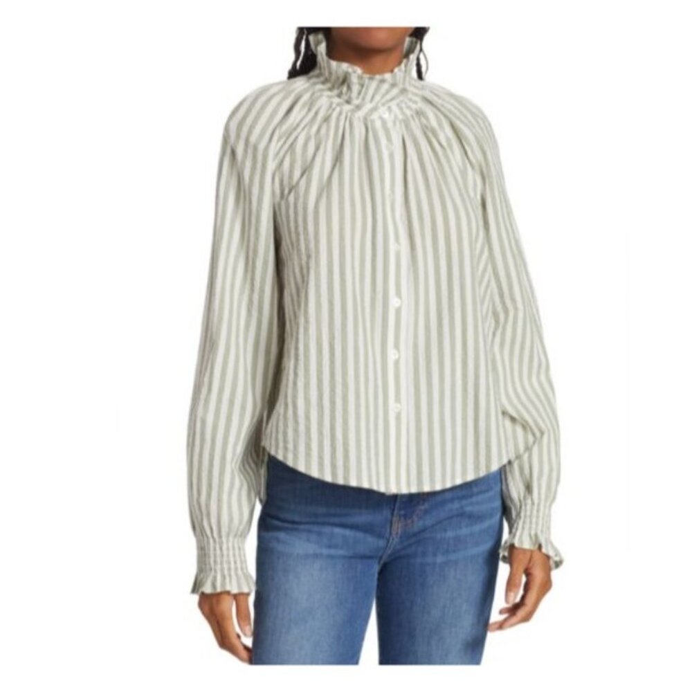 Veronica Beard Calisto Seersucker Blouse size 4 color Dark Sage White NWT $298